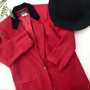 Sag Harbor red wool blazer. One button. Size 14. Velvet like collar. Size 14.